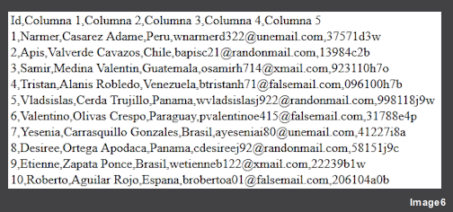 CVS Files (comma-separated values) are simple open format documents used to present data in a table where columns are separated by commas, and rows are sepparated by line breaks, example: <strong> "1,Frida,Ortega Lucero,Femenino,95,999 Zebedeo Blvd,53023".</strong>